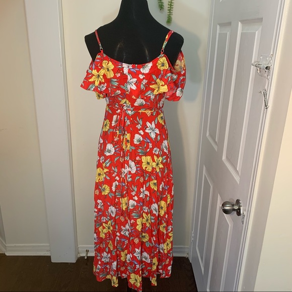 F21 Liberty Floral Flowy Cutout Shoulder Wrap Hi Low Dress - Picture 14 of 15